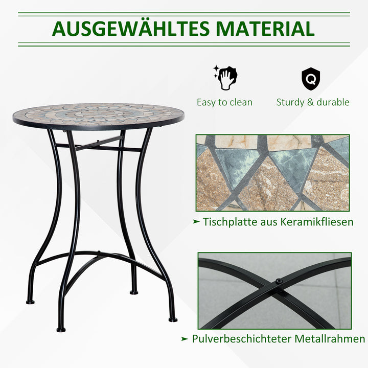 Havebord, mosaikbord, rundt bistrobord, sidebord med mosaikplade, keramik, metal, grøn+beige+hvid, Ø60 cm
