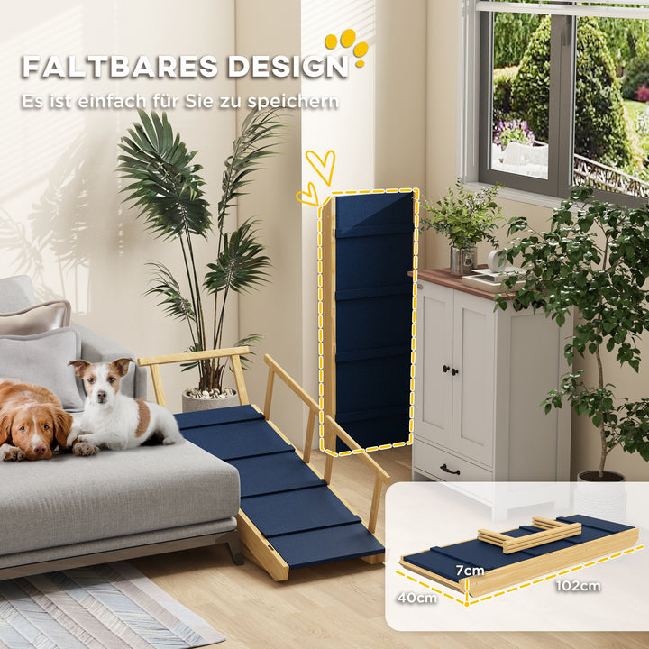 Hunderampe, højdejusterbar, foldbar, med gelænder, til hunde op til 40 kg, træramme, 85 x 40 x 61 cm, sort