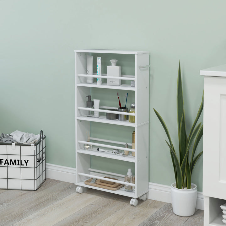 Multifunktionshylde med hjul, slankt design, 4 rum, 45 x 15 x 91 cm, hvid
