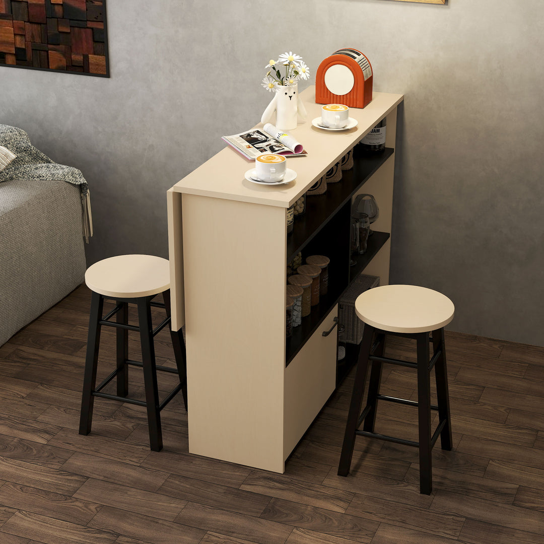 3-Delt barsæt, barbord med foldbar bordplade, 2 barstole, 6 opbevaringsrum, sort + eg, 116 x 70 x 89,5 cm