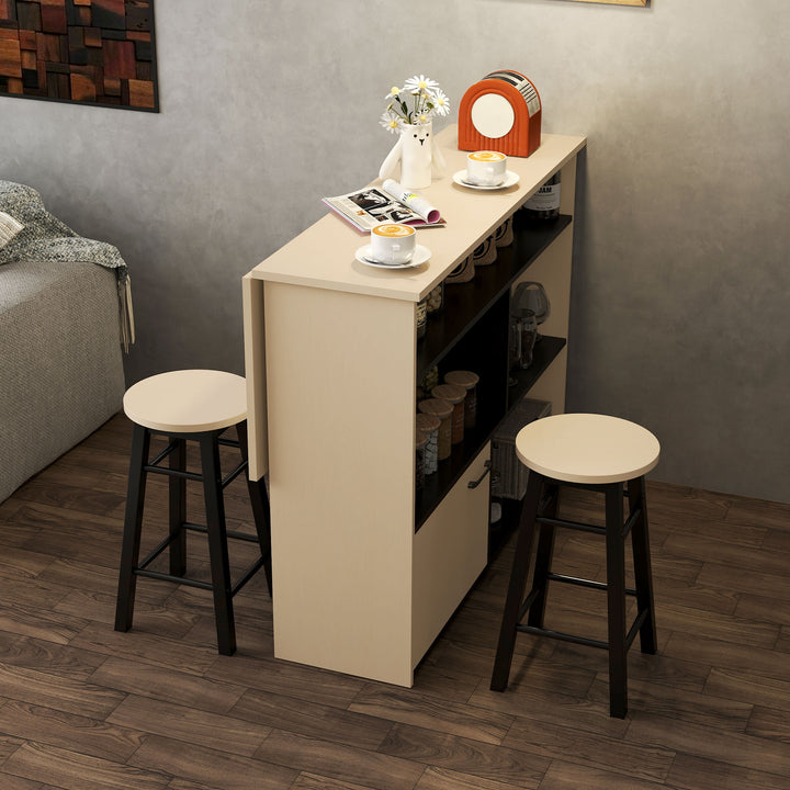 3-Delt barsæt, barbord med foldbar bordplade, 2 barstole, 6 opbevaringsrum, sort + eg, 116 x 70 x 89,5 cm