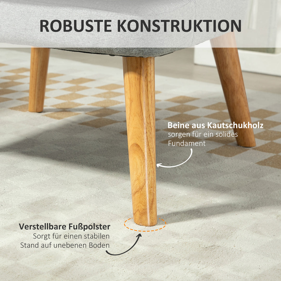 Polstret loungestol i linnedlook med armlæn og træben til stue eller soveværelse, lysegrå