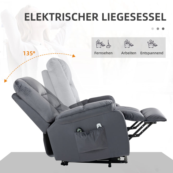 Massagestol stand-up aid seniorstol afslappende stol, 8 massagepunkter, 2 sidelommer, 85 cm x 94 cm x 107 cm, grå