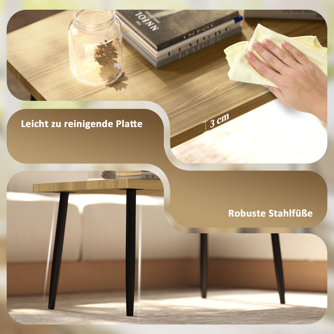 Sæt med 2 sofaborde, stort og lille bord med metalramme og træplade, fleksible sofaborde, naturtræ