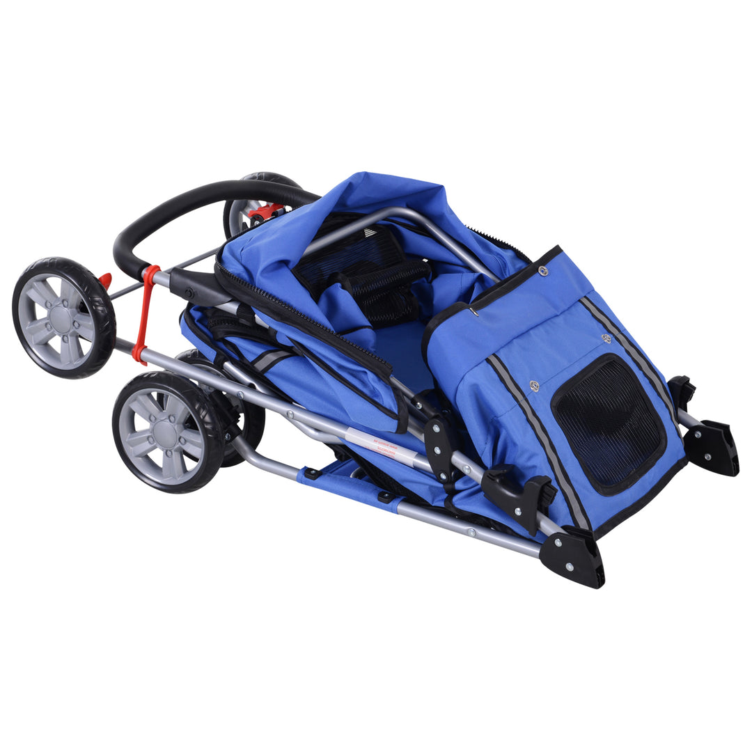 Hundebåren op til 10 kg foldbar justerbar baldakin 2 kopholdere gulvkurv blå