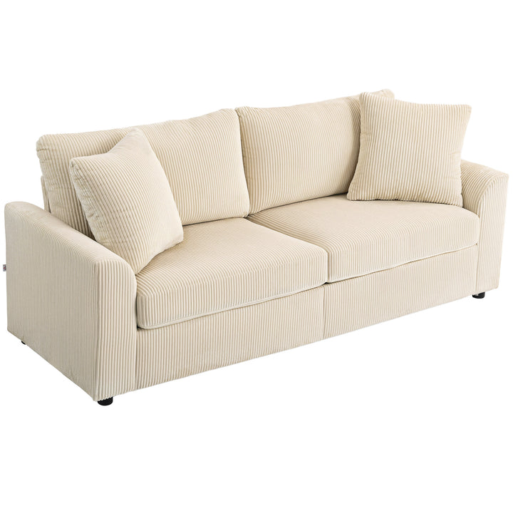 3-personers sofa med dekorative hynder, corduroy sofa til stue, soveværelse, 212 cm bred, cremehvid