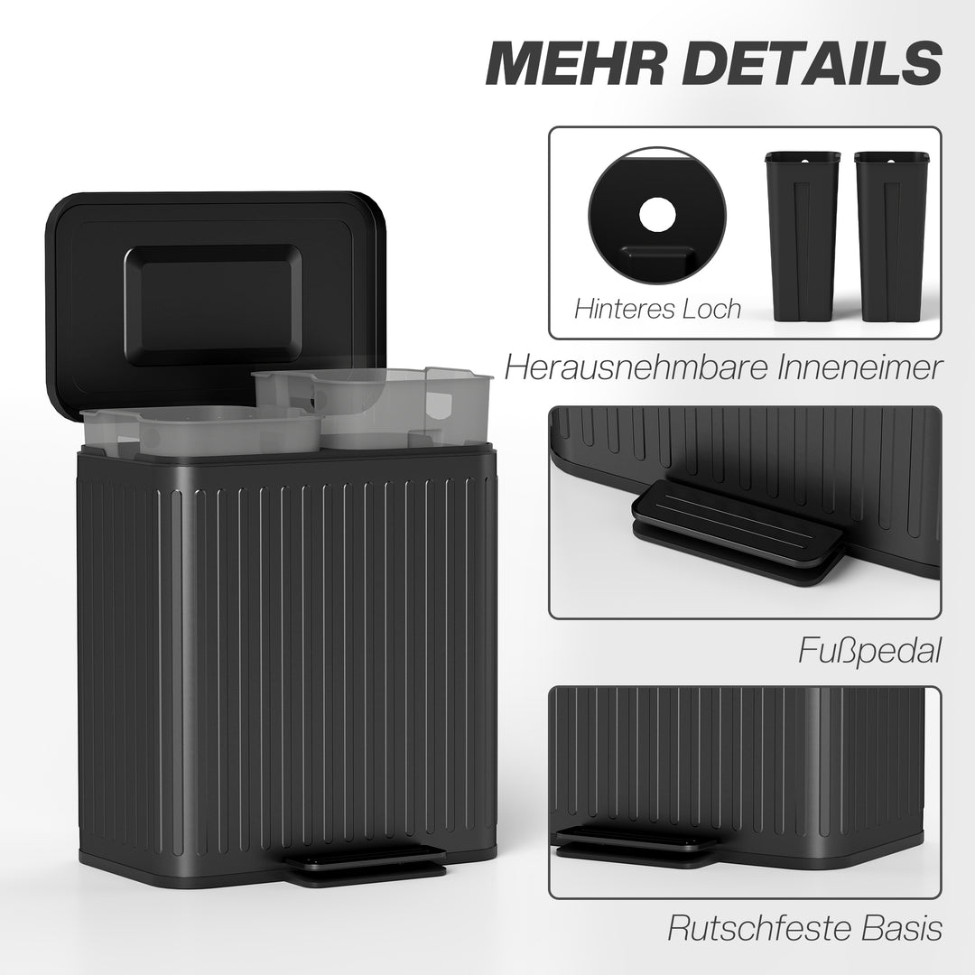 Køkkenaffaldsspand, 2 x 20 L rum, effektiv affaldssortering, fodpedal, plast, metal, sort
