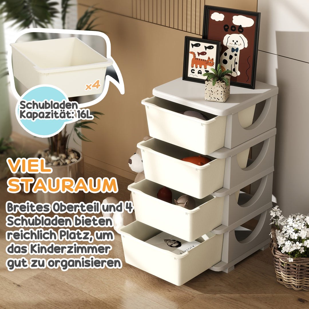 Opbevaringskasser til børn, 4 store skuffer, afrundede kanter, plastik, 37 x 37 x 76 cm, cremehvid