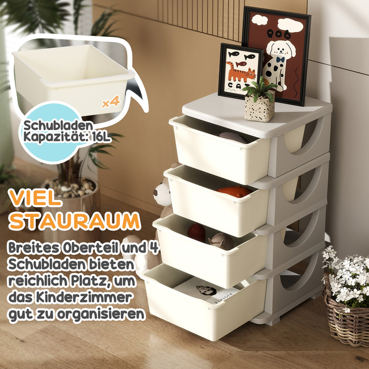 Opbevaringskasser til børn, 4 store skuffer, afrundede kanter, plastik, 37 x 37 x 76 cm, cremehvid
