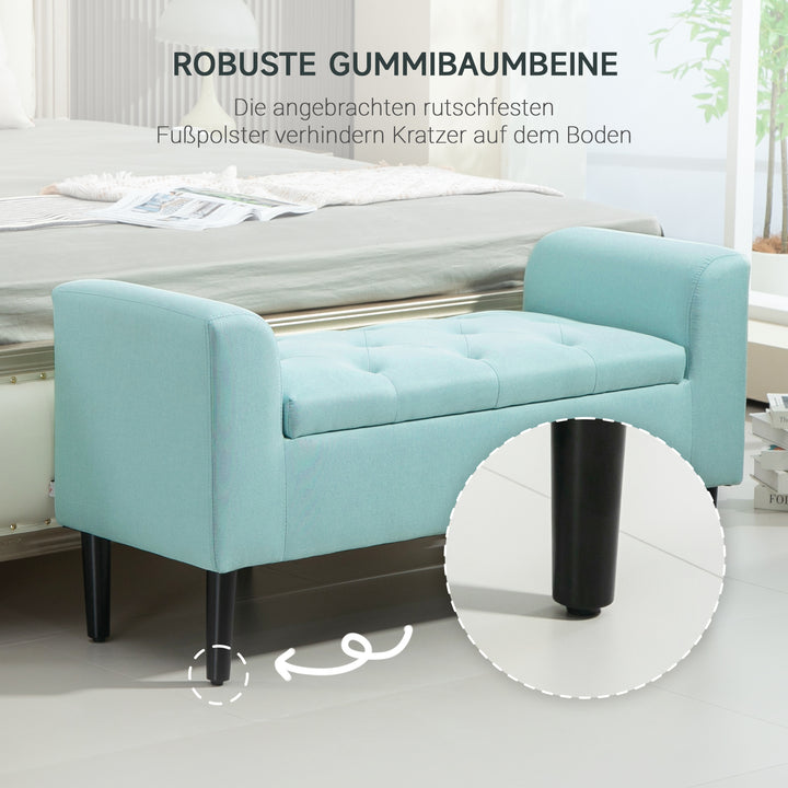 Bænk med opbevaringsplads, polstret bænk, lasteevne op til 130 kg, linnedlook, gummitræ, 116 x 44 x 58 cm, grøn
