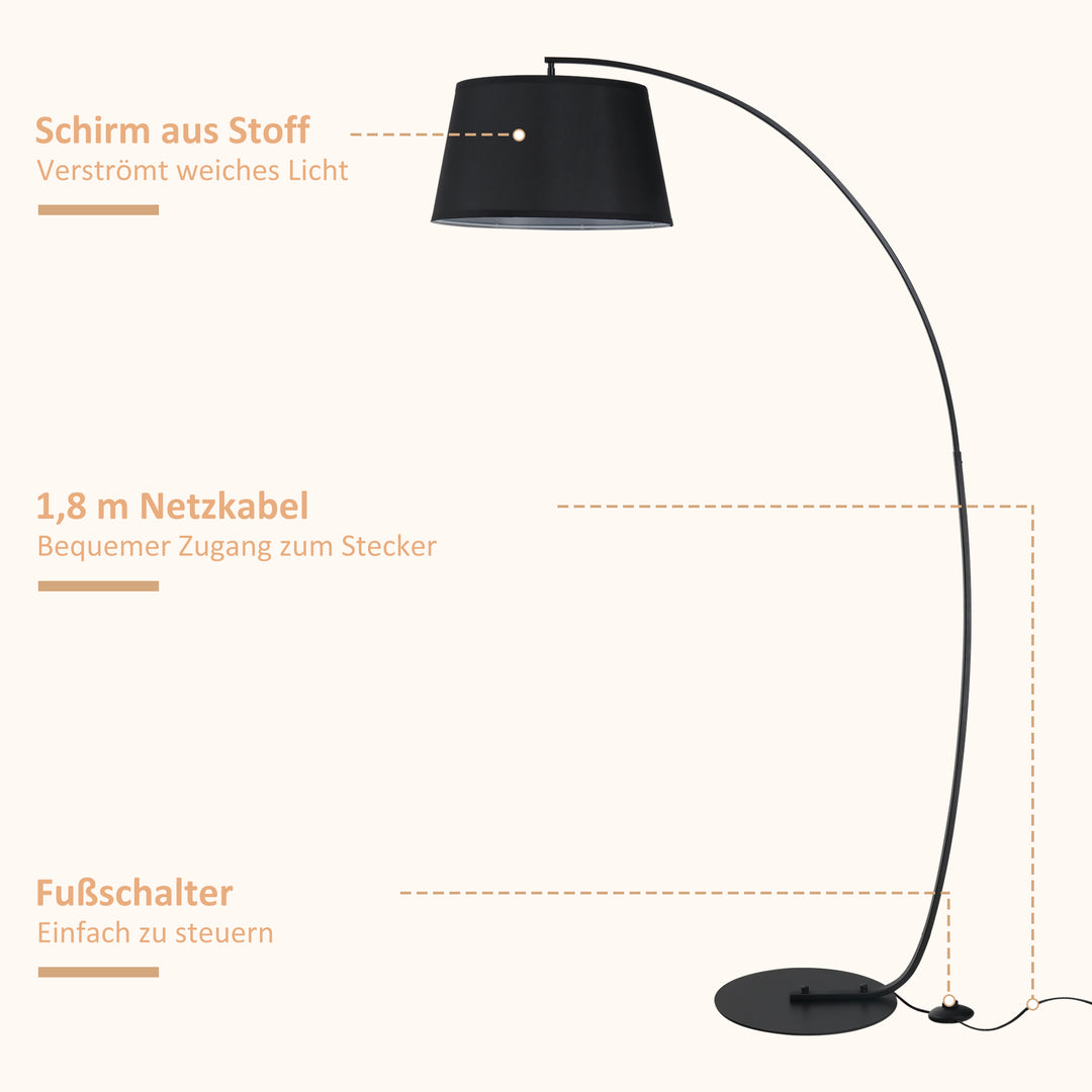 Gulvlampe, buet gulvlampe med stofskærm, gulvlampe med rund fod, metal, 105l x 47b x 190h cm, sort