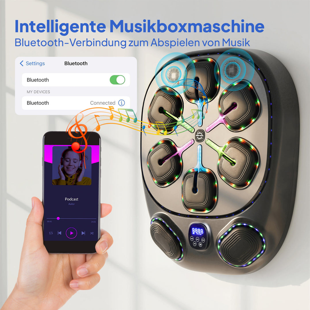 Musikboksemaskine, elektronisk LED-boksemaskine med dobbelte slagzoner, Bluetooth-handsker, 9 hastigheder