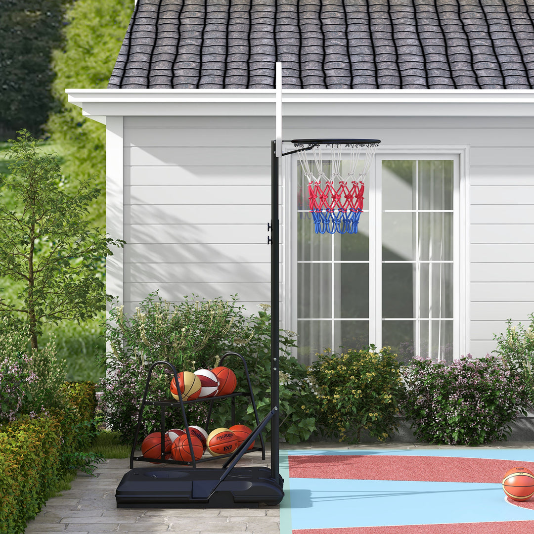 Højdejusterbar fritstående basketballkurv med net og hjul, stor base, 179-209 cm, plast, stål
