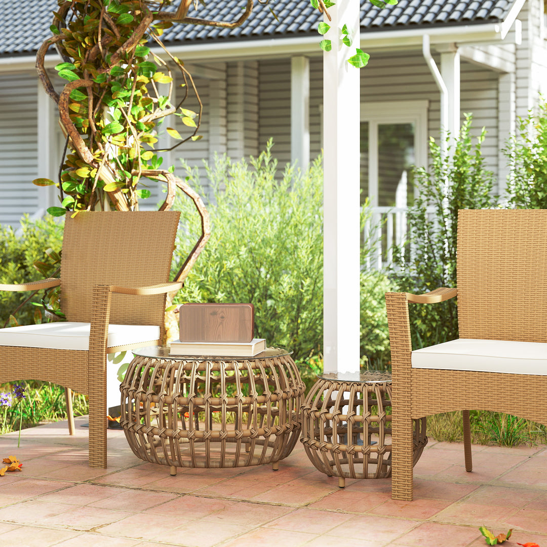 Sæt med 2 sideborde, polyrattan, Ø66/42 cm, rundt, vejrbestandigt, havebord med glasplade, brunt