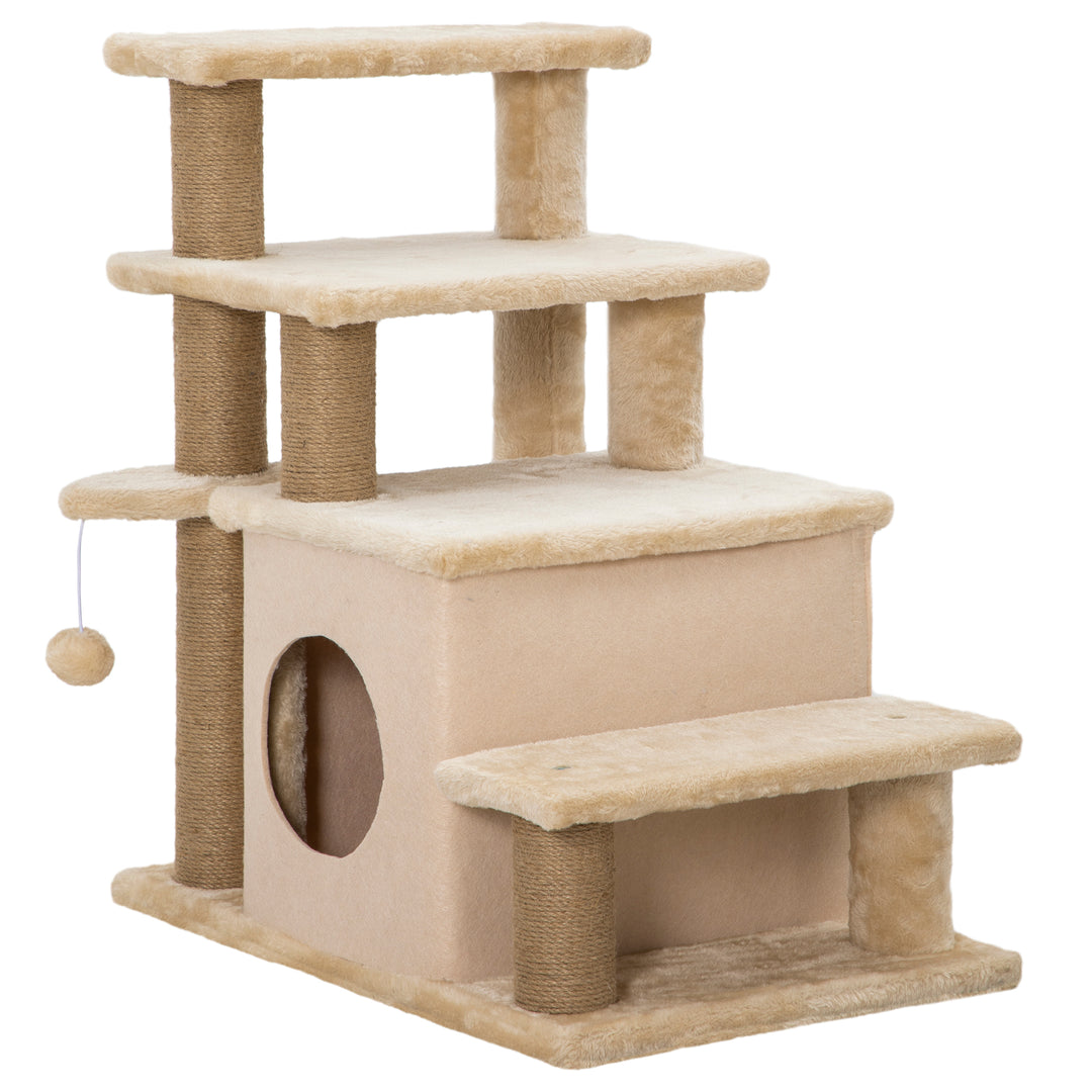 Kradsetræ til kæledyr, 4 trin, legebold, hus, højdejusterbar, 60 x 40 x 66 cm, beige