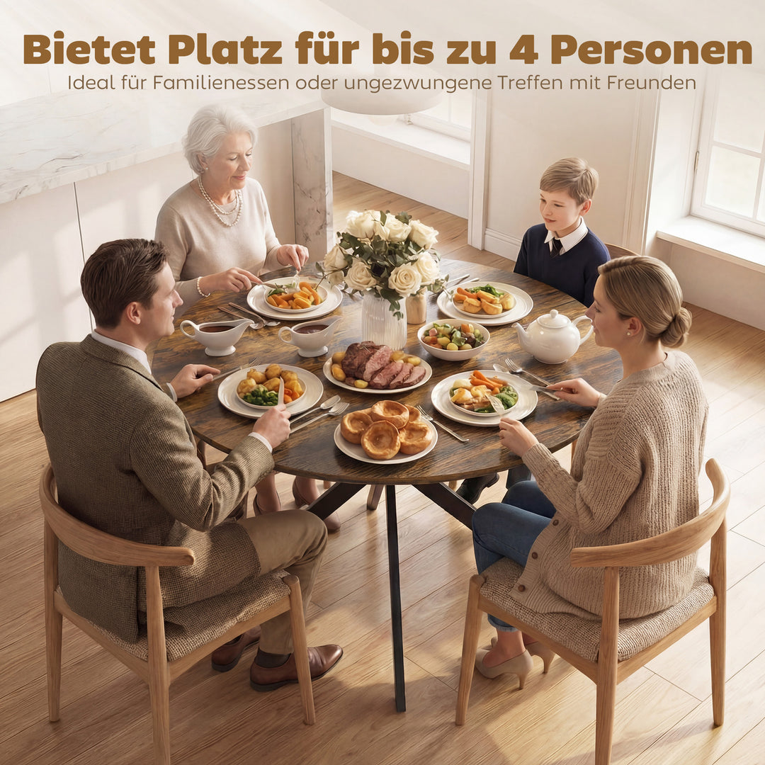 Rundt spisebord til 4 personer, industrielt køkkenbord med stålben, til spisestue, køkken, rustik brun
