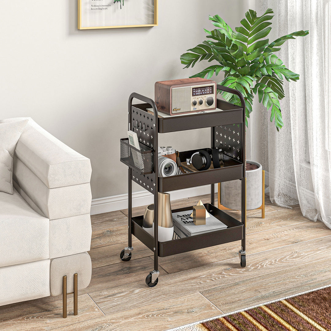 Køkkenvogn til flere formål, 3 hylder, 4 hjul, 53,5 cm x 30,5 cm x 75 cm, sort