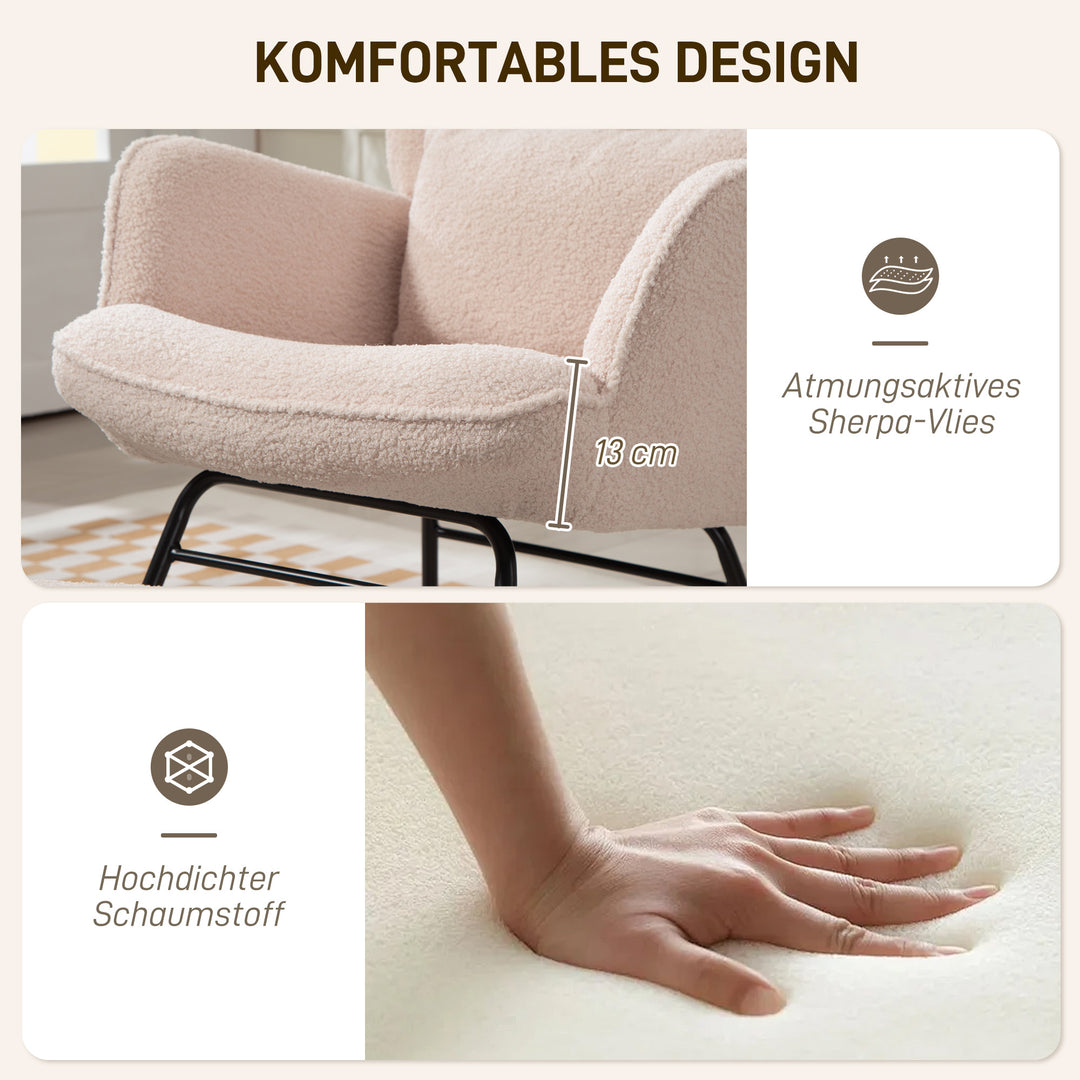 Gyngestol med fodskammel, blødt fleecebetræk, træben, hynde, høj ryg, gyngestol, beige