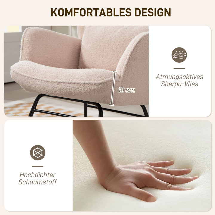 Gyngestol med fodskammel, blødt fleecebetræk, træben, hynde, høj ryg, gyngestol, beige