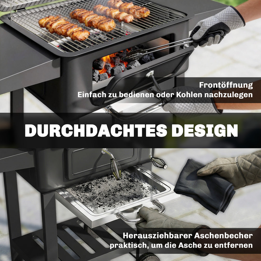 Kulgrill BBQ-ryger med låg, termometer, højdejusterbar kulpande, skorsten, grillrist, sidebord, askeskuffe