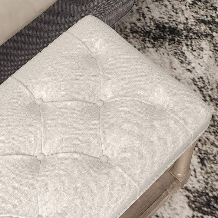 Bænk med opbevaring, vintage design, knapsøm, gummitræ, 115x40x48cm, cremehvid