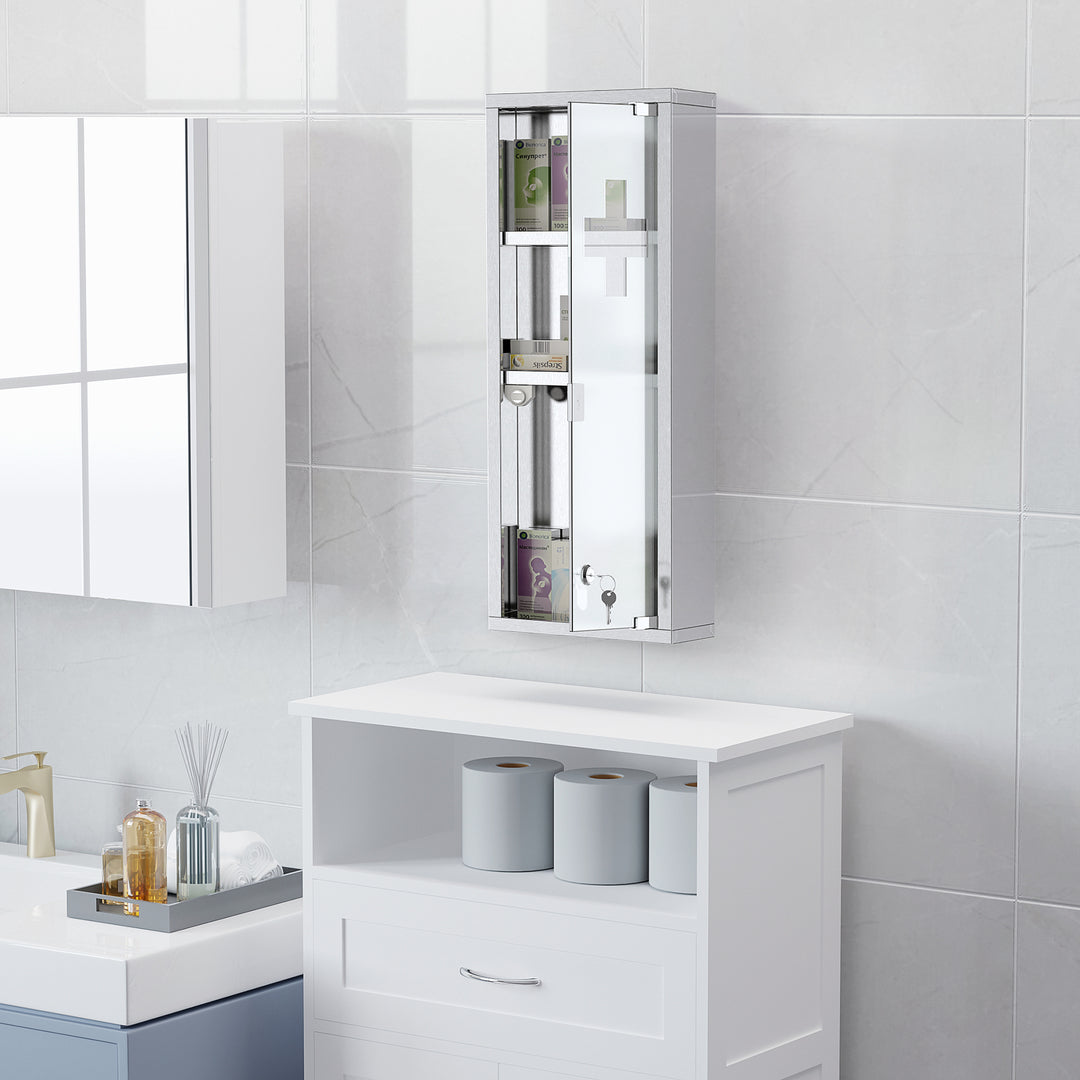 Kleankin medicinskab i rustfrit stål og hærdet glasdør, aflåseligt medicinskab med 3 rum, førstehjælpsskab, 20 x 12 x 58 cm, sølv