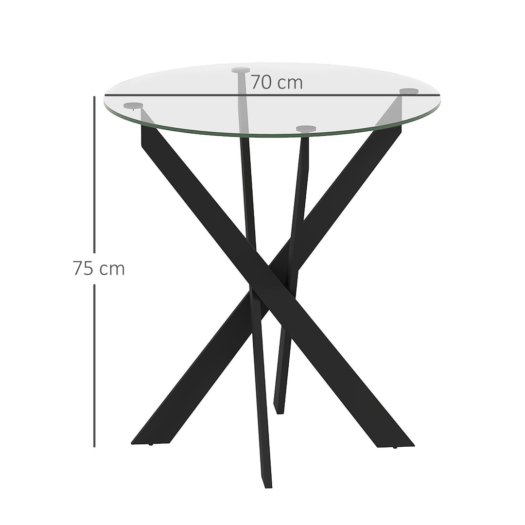 Moderne glas spisebord, 70 cm diameter, køkkenbord med hærdet glasplade og metalben, til 4 personer