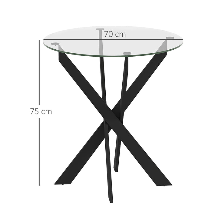 Moderne glas spisebord, 70 cm diameter, køkkenbord med hærdet glasplade og metalben, til 4 personer