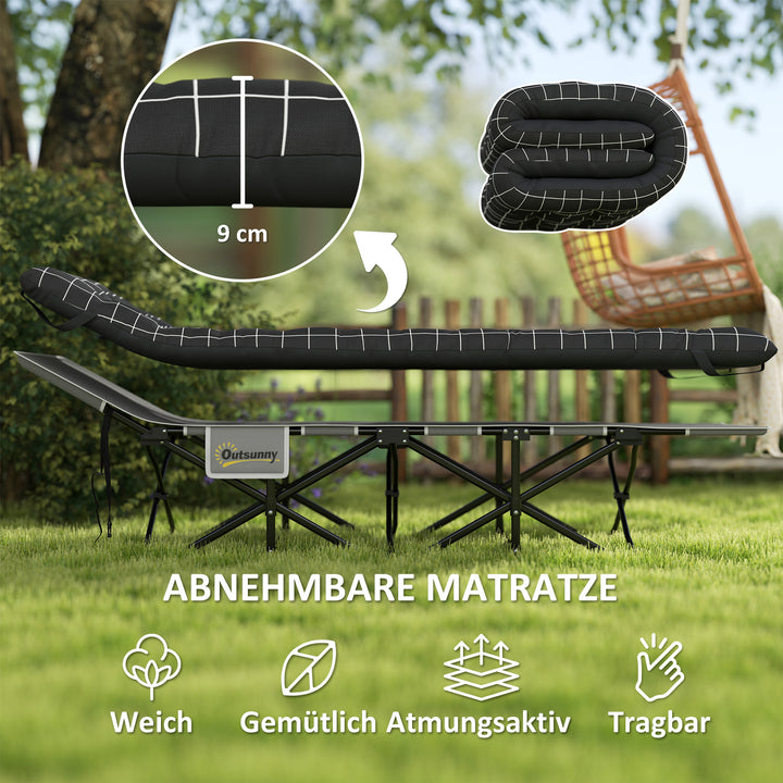Sammenklappelig campingseng, feltseng med madras, ergonomisk, metalramme, sort