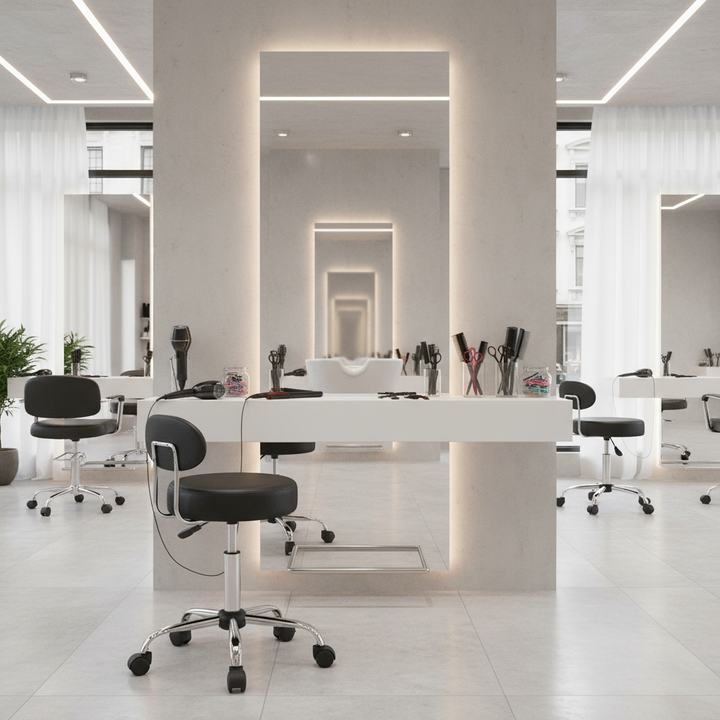 Drejelig skammel / drejestol med ryglæn, 360° drejelig, sort