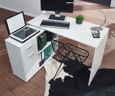 Designer hjørneskrivebord med hylde, 120 x 75,5 x 106,5 cm, hvid