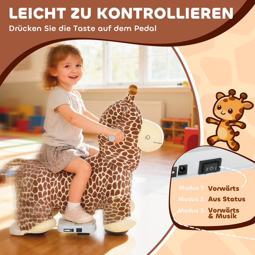 Giraf-køretøj, batteridrevet, vaskbart betræk, pedaler, stille hjul, musik, alder 1,5-5 år, brun