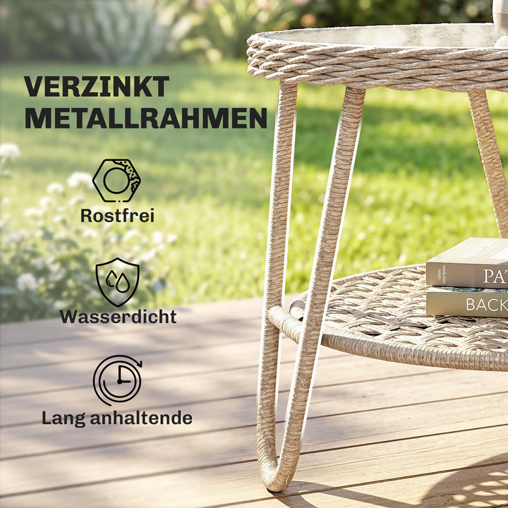 Polyrattan sidebord, 2-lags sofabord med hylde, glasplade, justerbare fødder, 65 x 65 x 50 cm, gul
