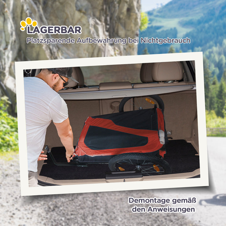 2-I-1 hundetrailer til hunde op til 30 kg, foldbar og opbevarbar, fodstøtte med styr, reflekser, sikkerhedsflag, 170 cm x 77 cm x 90 cm, rød