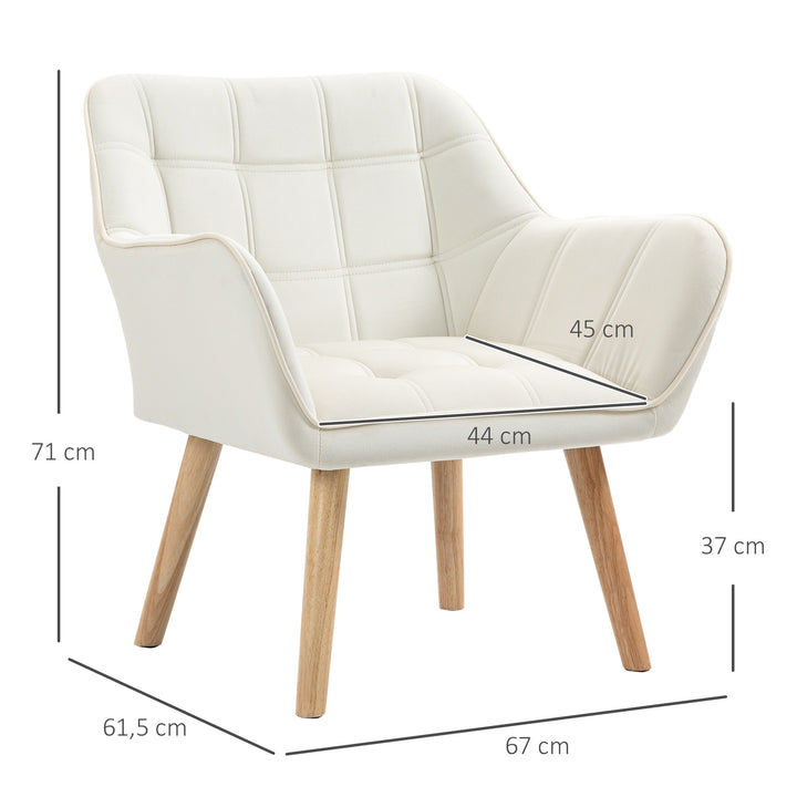 Polstret lænestol, accentstol, skandinavisk design, fløjlslook, op til 120 kg, ben af gummitræ, creme