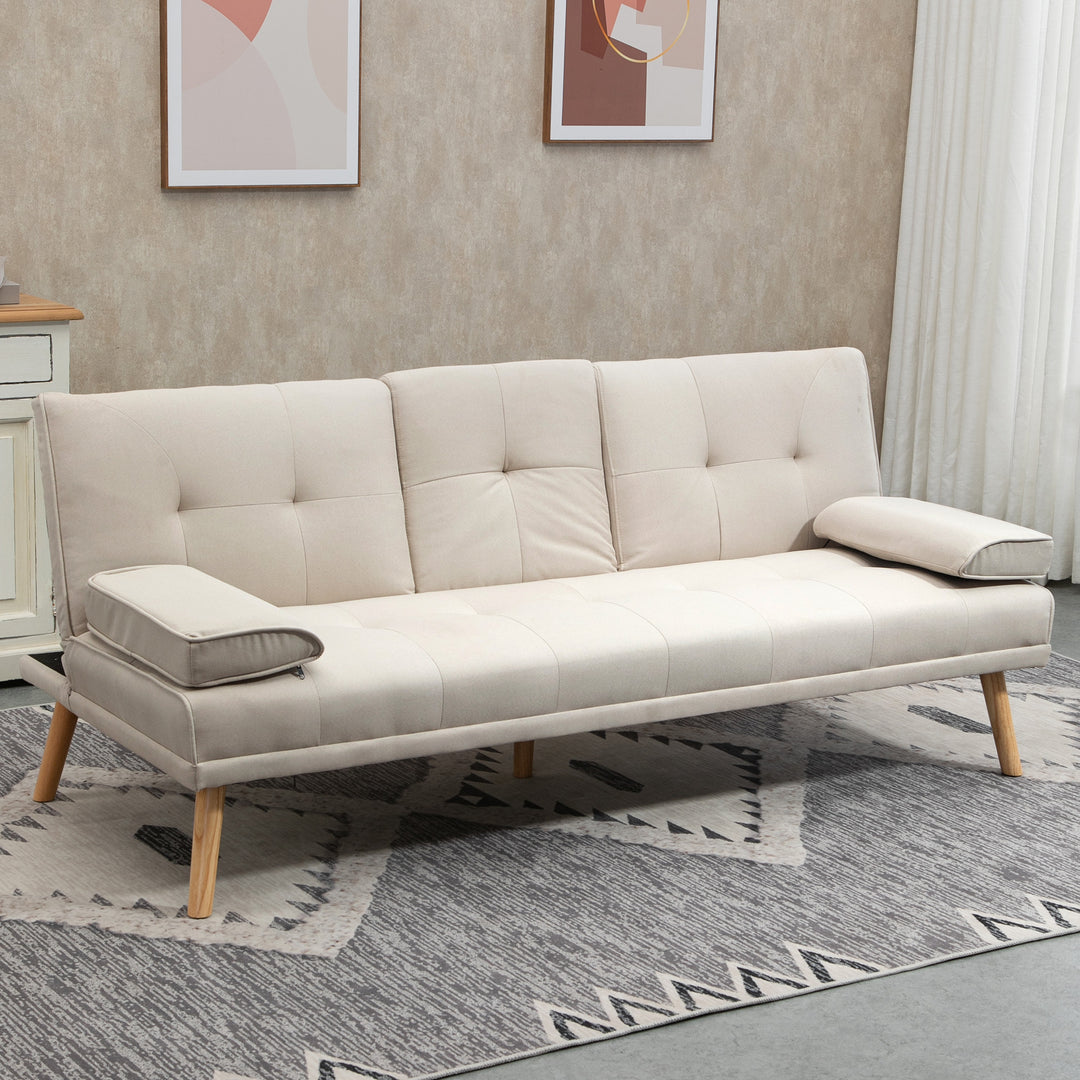 3-Personers sovesofa, ryglæn med justerbart lænestol og klapbord, to armlæn, linnedlook, beige, 181 x 77 x 78 cm