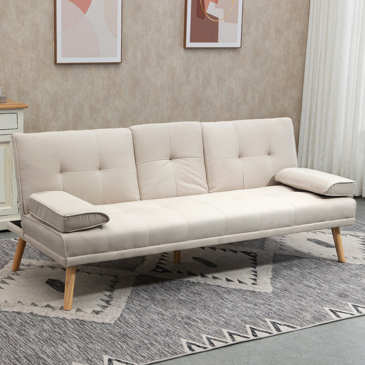 3-Personers sovesofa, ryglæn med justerbart lænestol og klapbord, to armlæn, linnedlook, beige, 181 x 77 x 78 cm