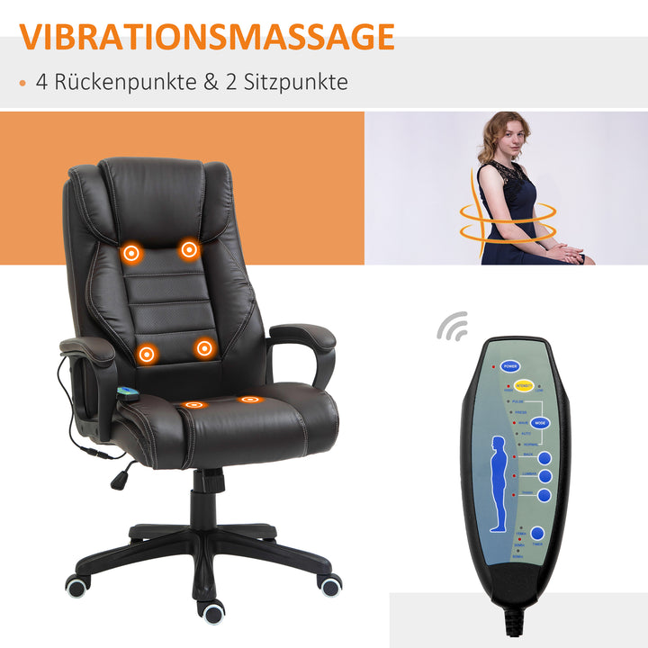 Kontorstol med massagefunktion, højdejusterbar lederstol, ergonomisk drejestol, 6 vibrationspunkter, brun