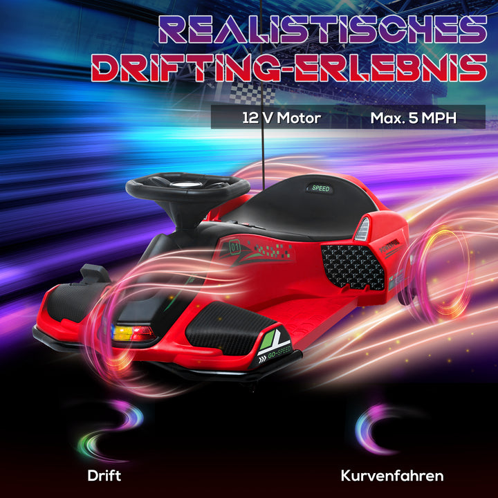 Elektrisk gokart til børn, gummihjul, 3-8 km/t, med lys og musikfunktion, rød