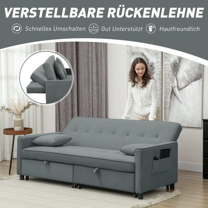 Sovesofa, justerbar 3-personers sofa med sengefunktion, sovesofa med udtræksseng, hynder, grå