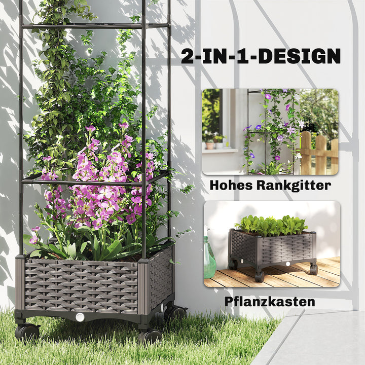 Højbed med espalier, mobil blomsterkasse med hjul, drænhul, plantekasse 40 x 40 x 185 cm