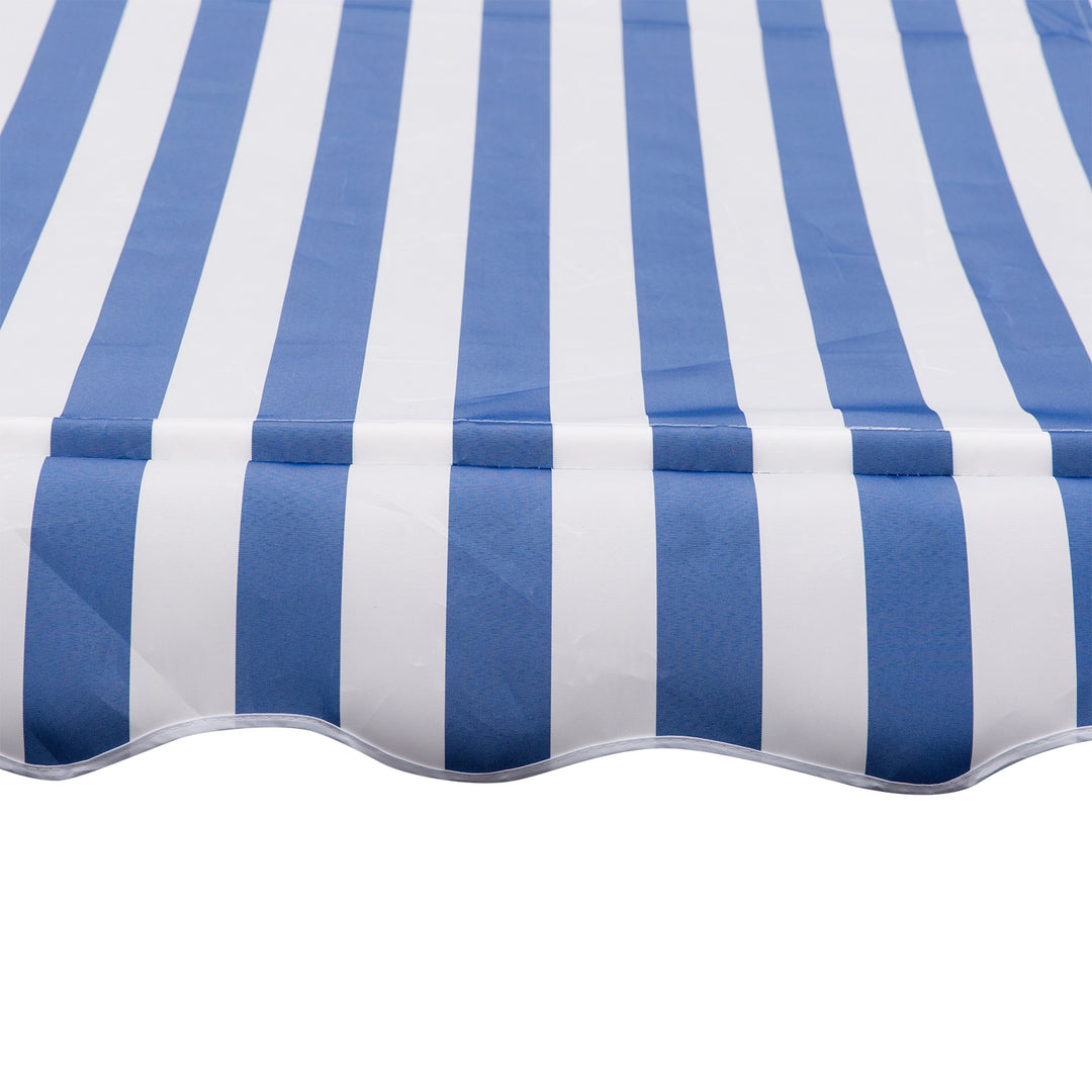 Klemmemarkise med håndsving, højdejusterbar, leddelt armmarkise, smudsafvisende, vejrbestandig, balkonmarkise, 150 cm bred, terrassemarkise til terrasse, altan, veranda, blå og hvid