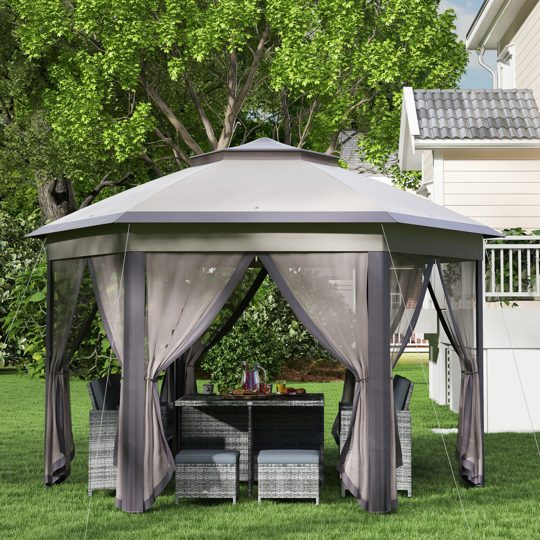 Havepavillon, foldbar pavillon, 4 x 4 m pop-up telt, partytelt inklusive bæretaske, 6 sidepaneler, dobbelt tag, sekskantet, beige