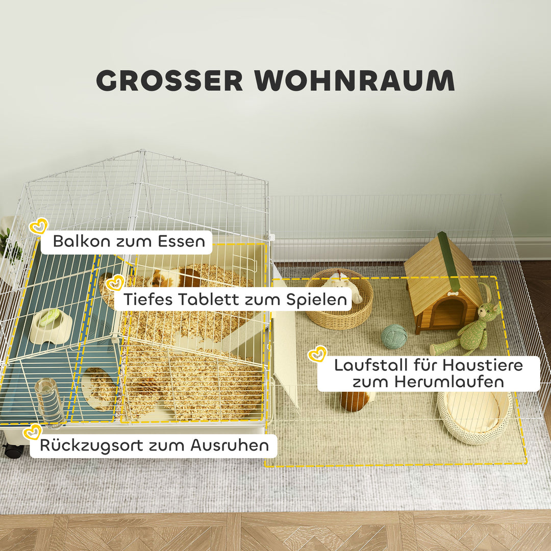 Bur til små dyr, balkon, rampe, fodertrug, vandflaske, 2-etagers design, hvid
