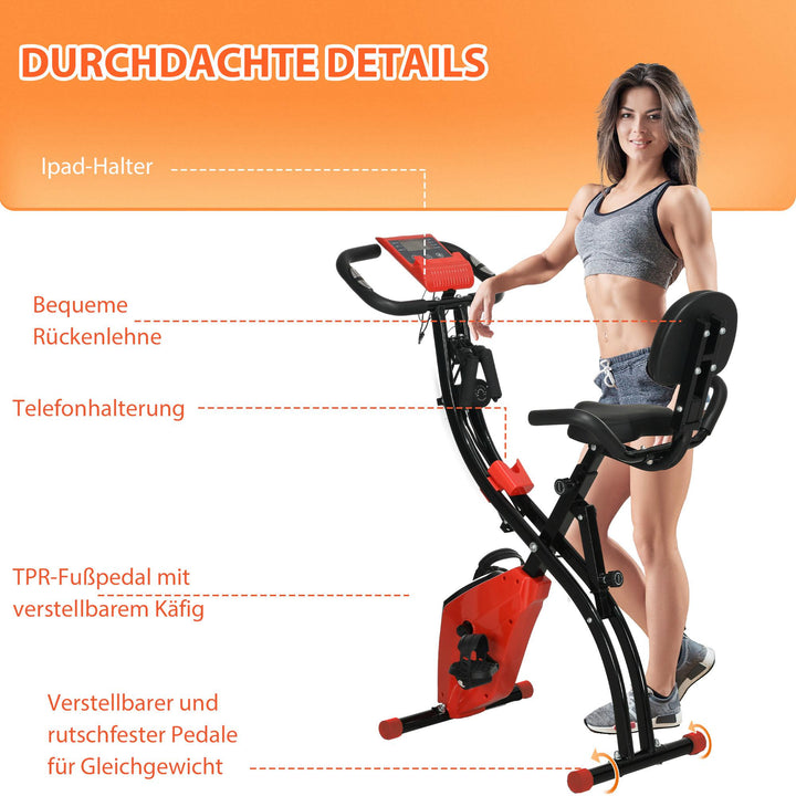 X-bike 2-i-1 motionscykel med lcd-skærm, pulsmåler, foldbar motionscykel med 8 niveauer af magnetisk modstand, 1 par spændereb, stålrød 105 x 48 x 118 cm