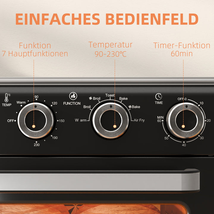 Miniovn, 20l, 5 funktioner, 360° konvektion, grillrist, krummebakke, sort