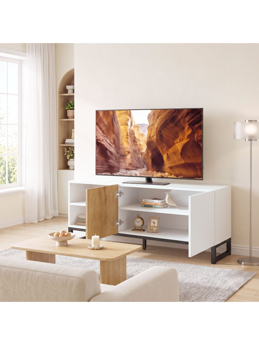 TV-skab til fjernsyn op til 55 tommer, moderne TV-lavbord, hvid
