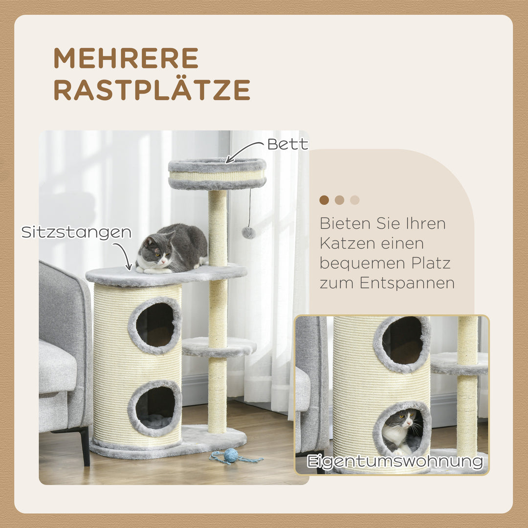 Kradsetræ til katte, sisalrebstolper, blødt plys, multi-level, boldlegetøj, grå, 59x35x100 cm