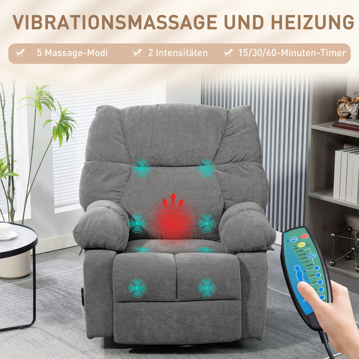 Lænestol med massagefunktion, lænefunktion, drejelig massagestol, 4 sidelommer og fjernbetjening, mørkegrå