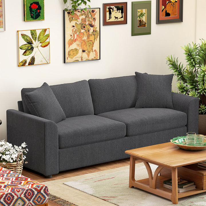 3-personers sofa med dekorative hynder, corduroy sofa til stue, soveværelse, 212 cm bred, mørkegrå